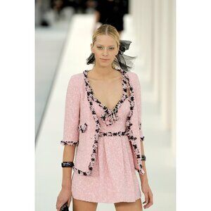 CHANEL 07 Spring Vintage Pink Cotton Bouclé Tweed Tank Mini Dress Jacket Set 34